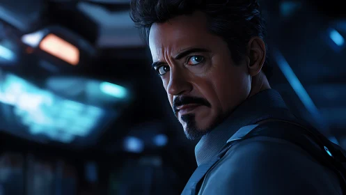 Brooding sci fi hero in moody blue control room light