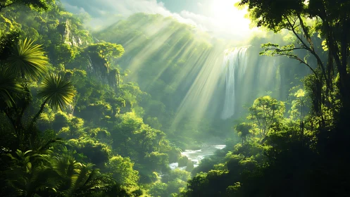 Mystical Jungle Waterfall with Divine Light Rays.