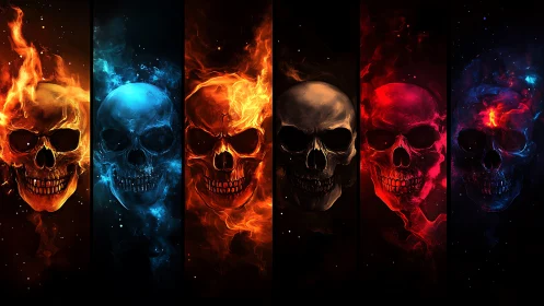 Flaming spectral skulls trade colors in a cosmic inferno ballet