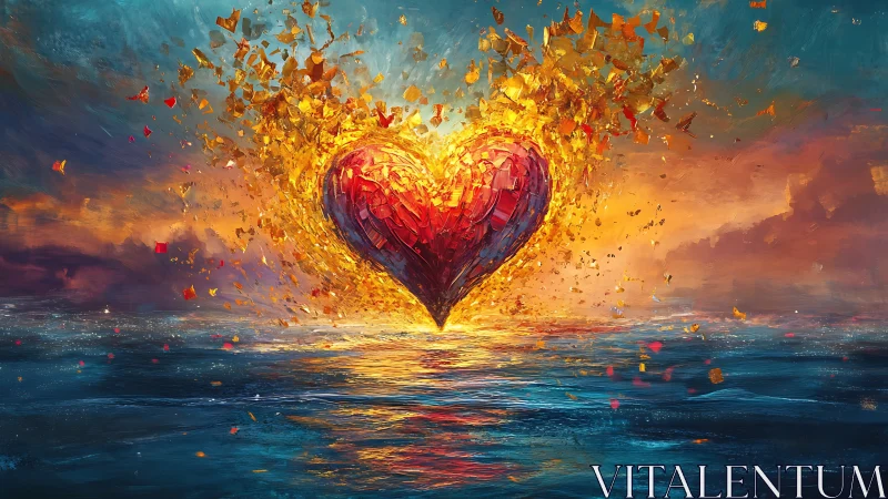 Burning Heart Collides with Ocean: Golden Fiery Explosion Over Turquoise Waters.
