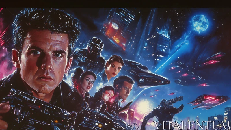 Retro sci fi team faces alien invasion over neon city.