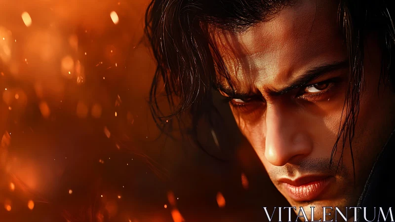 Intense male portrait framed by embers and warm bokeh light