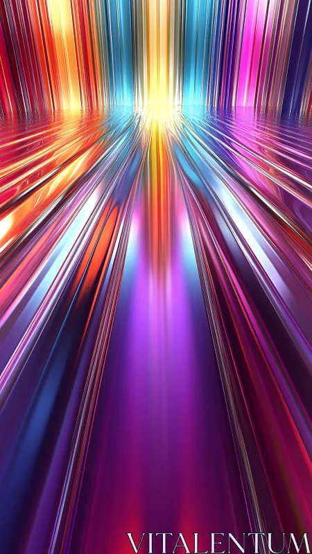 Chromatic metallic corridor with radiant vanishing light.