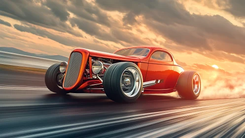 Bright orange hot rod racing on highway at sunset sky
