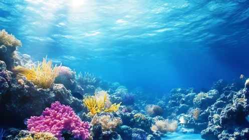 Sunlit coral reef ecosystem rendered in vivid photoreal detail