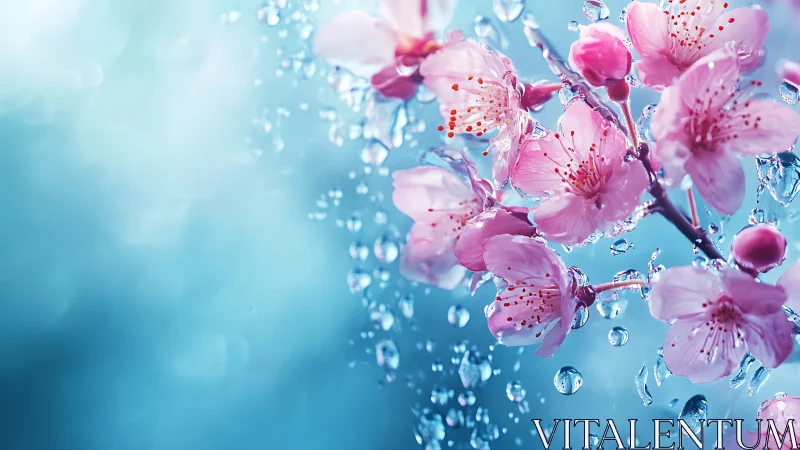 Pink Cherry Blossoms Cascading with Water Droplets.