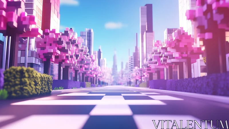Voxel spring boulevard with depth-of-field and vanishing-point alignment