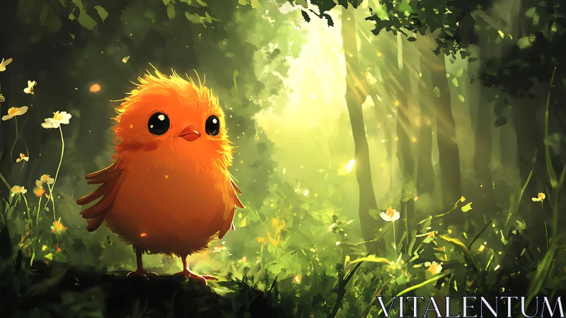 Fluffy orange forest chick basking in soft morning light.