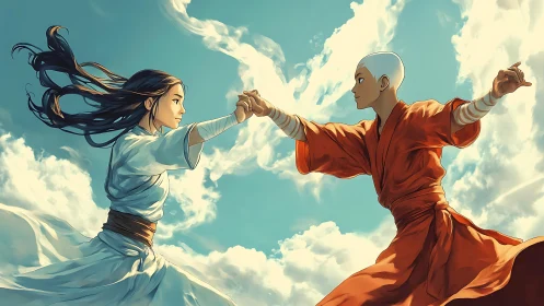 Skyborne martial duel between robed elemental warriors.