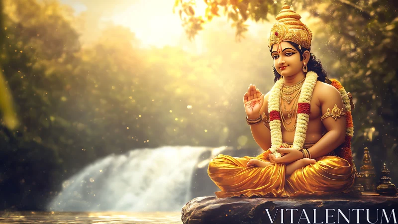 Golden child deity greets the forest waterfall in sunlight