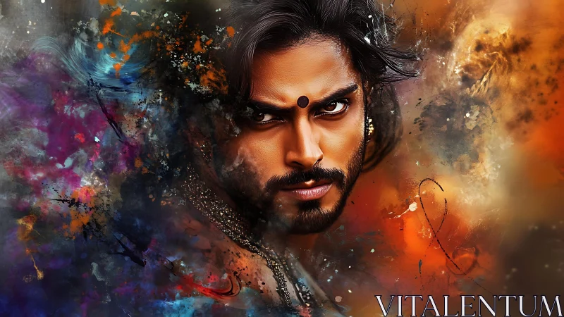 Storm-touched warrior stares through swirling cosmic pigment