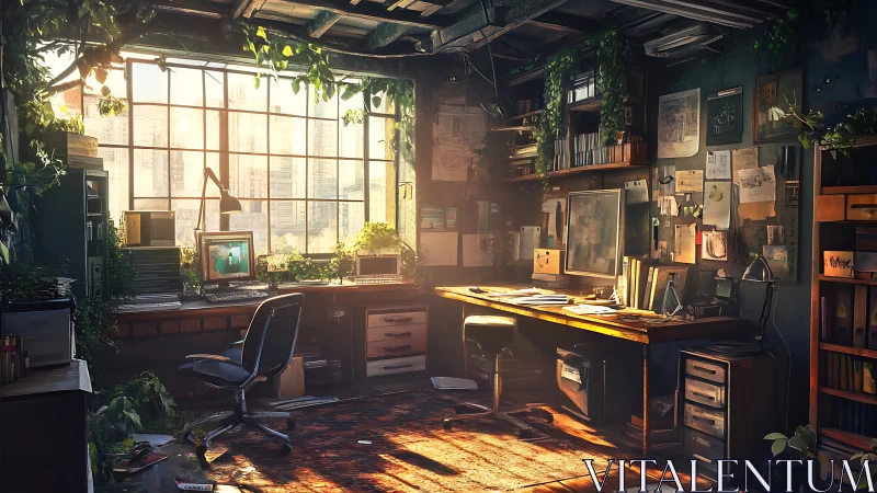 Sunlit creative studio filled with plants and cozy warmth.