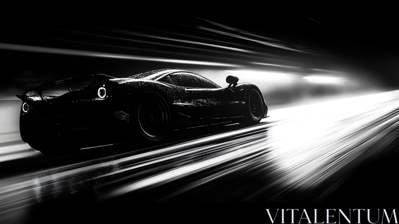 Sleek supercar slicing through light on a midnight highway.