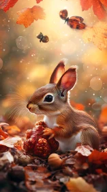 Autumn woodland squirrel cradles textured red forest fruit
