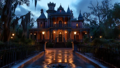 Victorian mansion at dusk with wet path and warm lights.