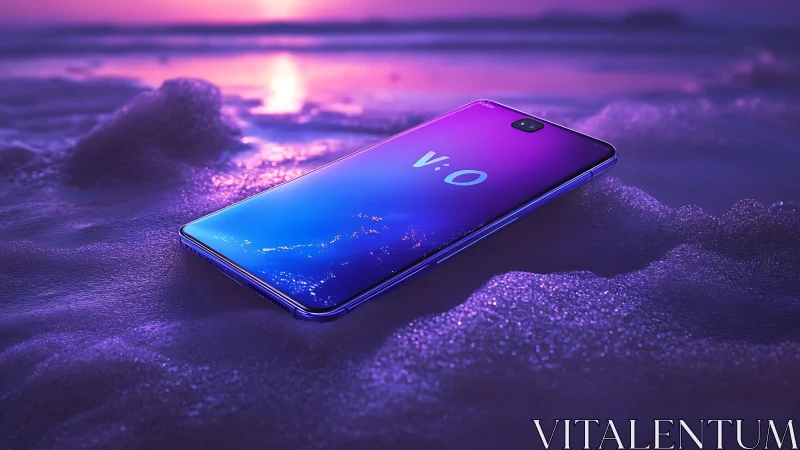 Gradient smartphone rests on glowing shoreline foam at dusk