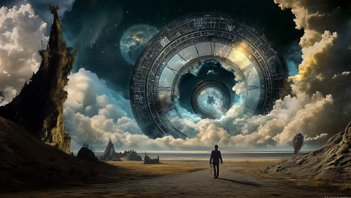 Colossal orbital time-gate hovering over desolate alien valley