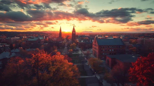 Sunlit collegiate skyline with autumn foliage glow at dusk.
