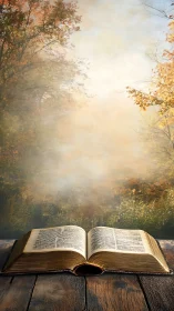 Ancient book opens onto misty autumn woodland horizon.