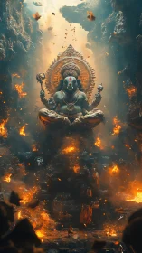 Divine Ganesha deity presides over a fiery celestial chasm