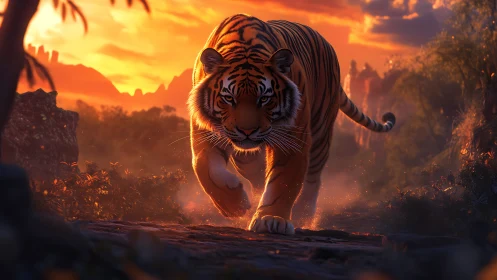 Majestic tiger advances through fiery sunset jungle path.