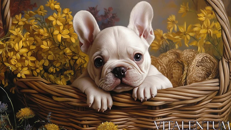 White French Bulldog puppy rests in wicker basket with flowers