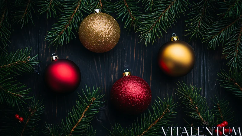 Christmas ornaments with evergreen branches on dark wood.