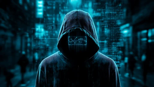 Hooded digital figure with code face in neon cyber street.