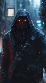 Cybernetic hooded assassin in neon alley with red optics