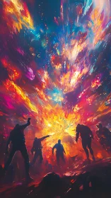 Cosmic blast silhouettes under explosive nebula sky.