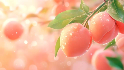 Sunlit dewy peaches glow softly on dreamy orchard branch.