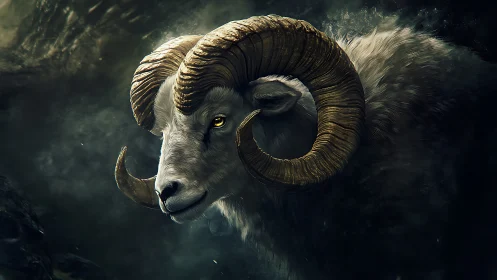 Storm-lit ram with gilded horns in a myth-charged twilight.