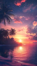 Tropical shoreline glows under vivid pink and violet sunset