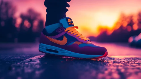 Vibrant sneaker close-up dramatized by neon sunset bokeh light