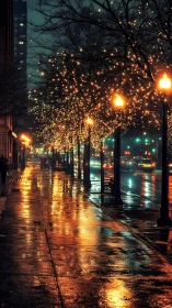 Urban street at night with wet pavement and tree lights.
