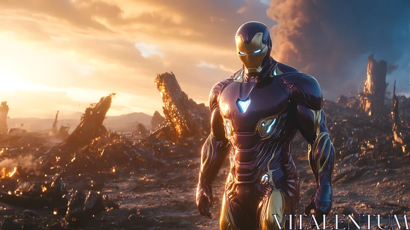 Armored hero strides across scorched futuristic wasteland