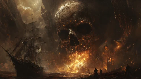 Burning skull cavern engulfs ghost ship in infernal seascape