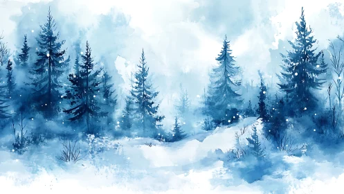 Winter forest watercolor with snow covered evergreens.
