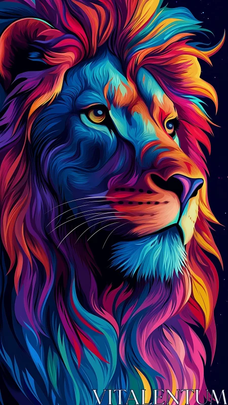 Vivid multicolor lion portrait in stylized digital art.
