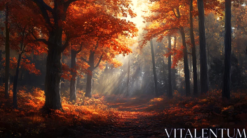 Autumn's Luminous Cathedral: Golden Rays Pierce Flame-Tinted Forest.