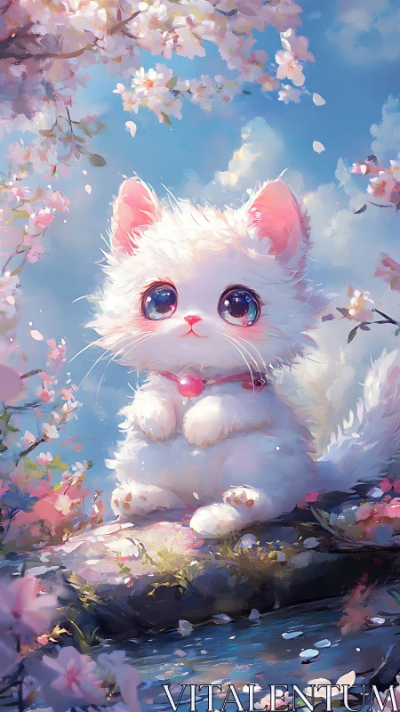 Blossom-eyed fluffy kitten guarding a pastel spring pond.