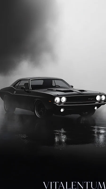 Muscle car emerges through moody fog on wet asphalt at night.