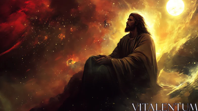 Gentle figure resting in glowing cosmic storm of light.