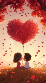 Two figures beneath a heart-shaped tree with falling petals.