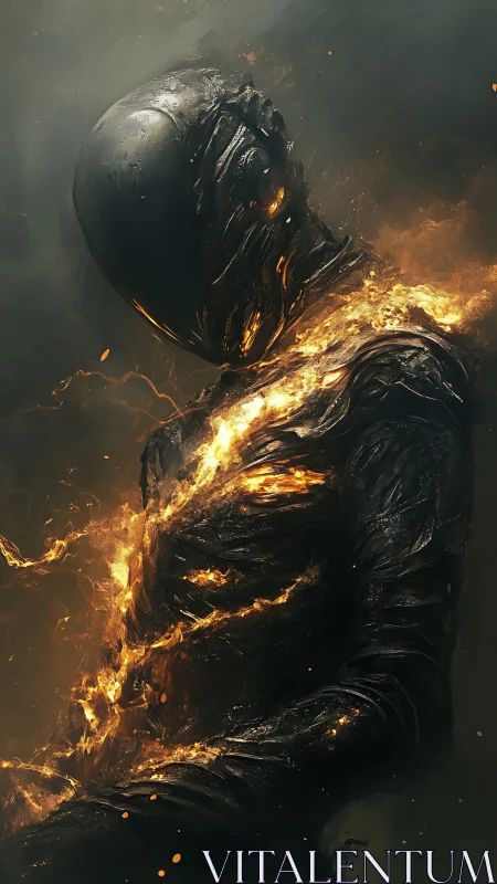 Molten guardian in charred armor ignited by inner flames.