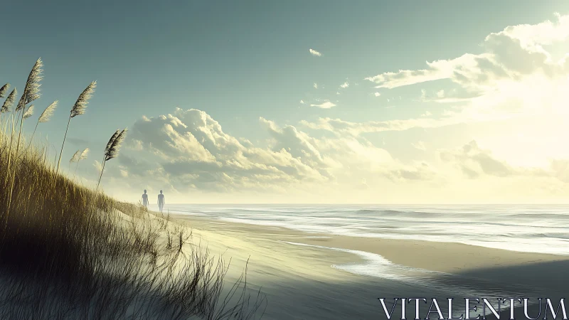 Sunlit shoreline with distant walkers under rising clouds.