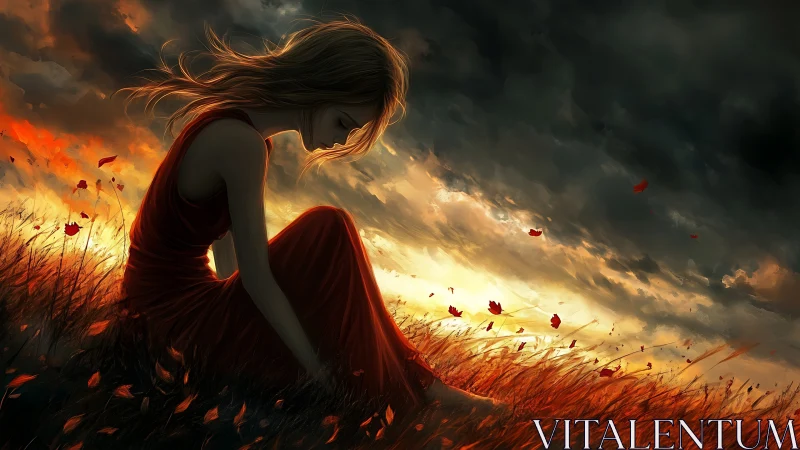 Storm-lit girl in red quietly folds twilight into silence