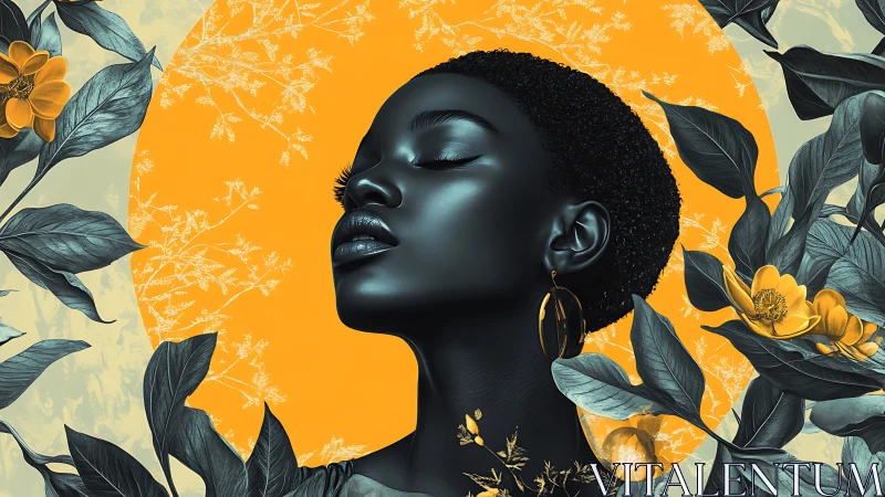 Profile portrait with foliage against circular orange backdrop.