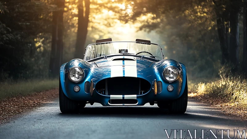 Sunlit blue roadster waiting on a quiet forest drive.