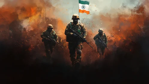 Indian soldiers advance through cinematic smoke and fire field.